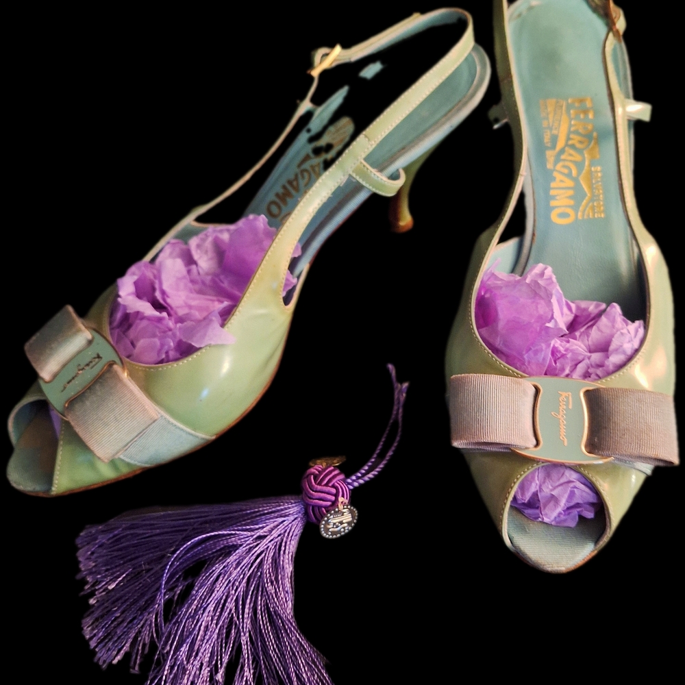 Salvatore Ferragamo Green Slingback Heels with Vara Bow